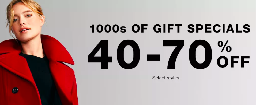 macys gift specials banner with woman in red coat