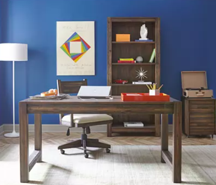 macys home office desk with blue wall